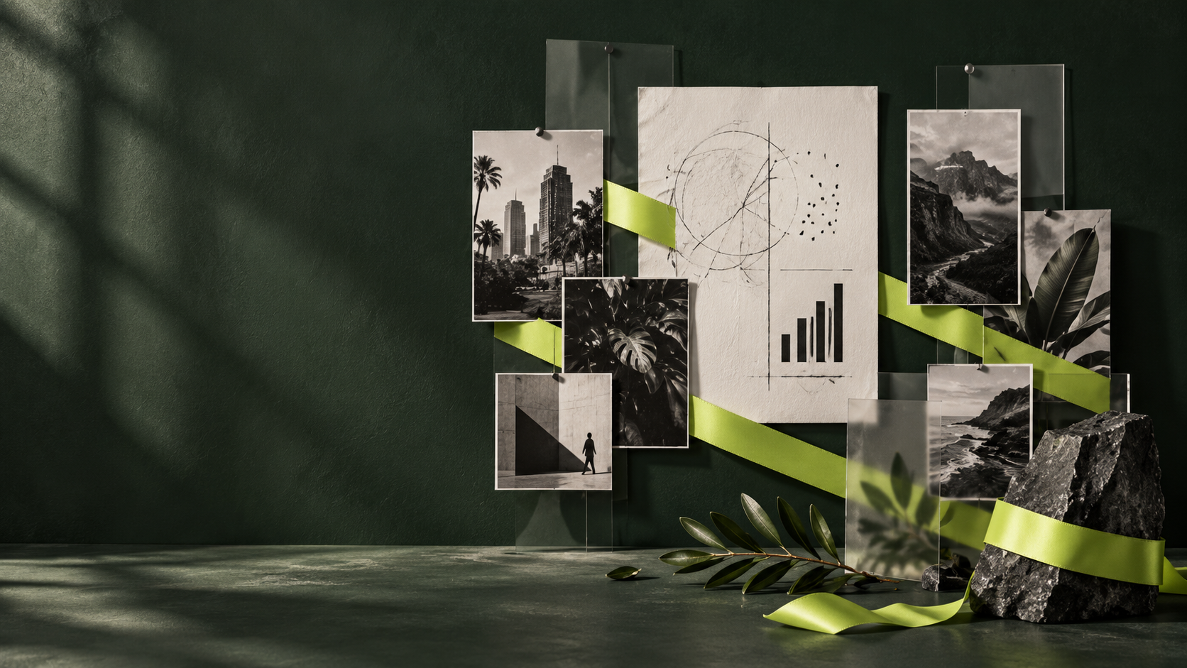 A strategy collage connected by one lime ribbon.