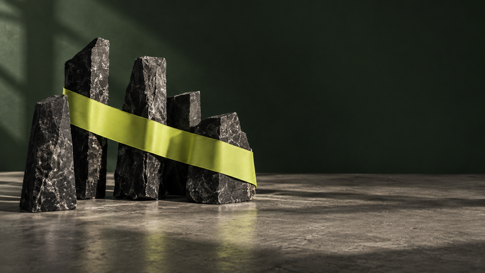 Separate stone forms held together by one lime ribbon.